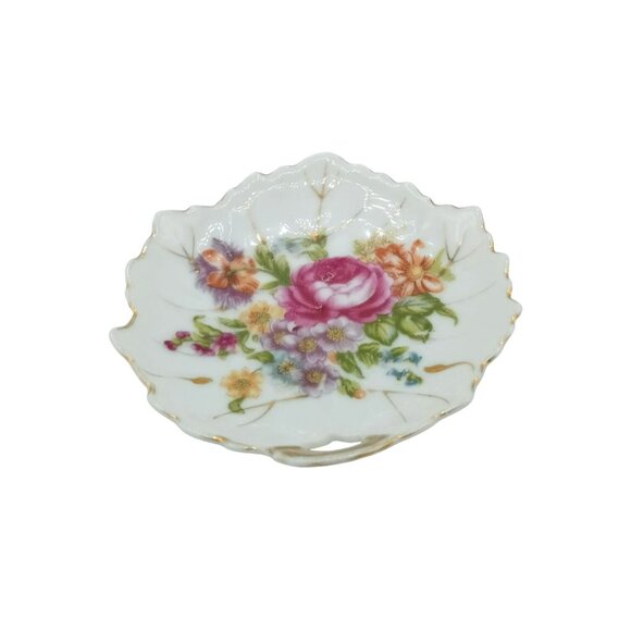 Trinket Tray Floral Leaf-Shaped Porcelain Dish Nasco Gold Trim Vintage 4" Japan - Picture 3 of 11